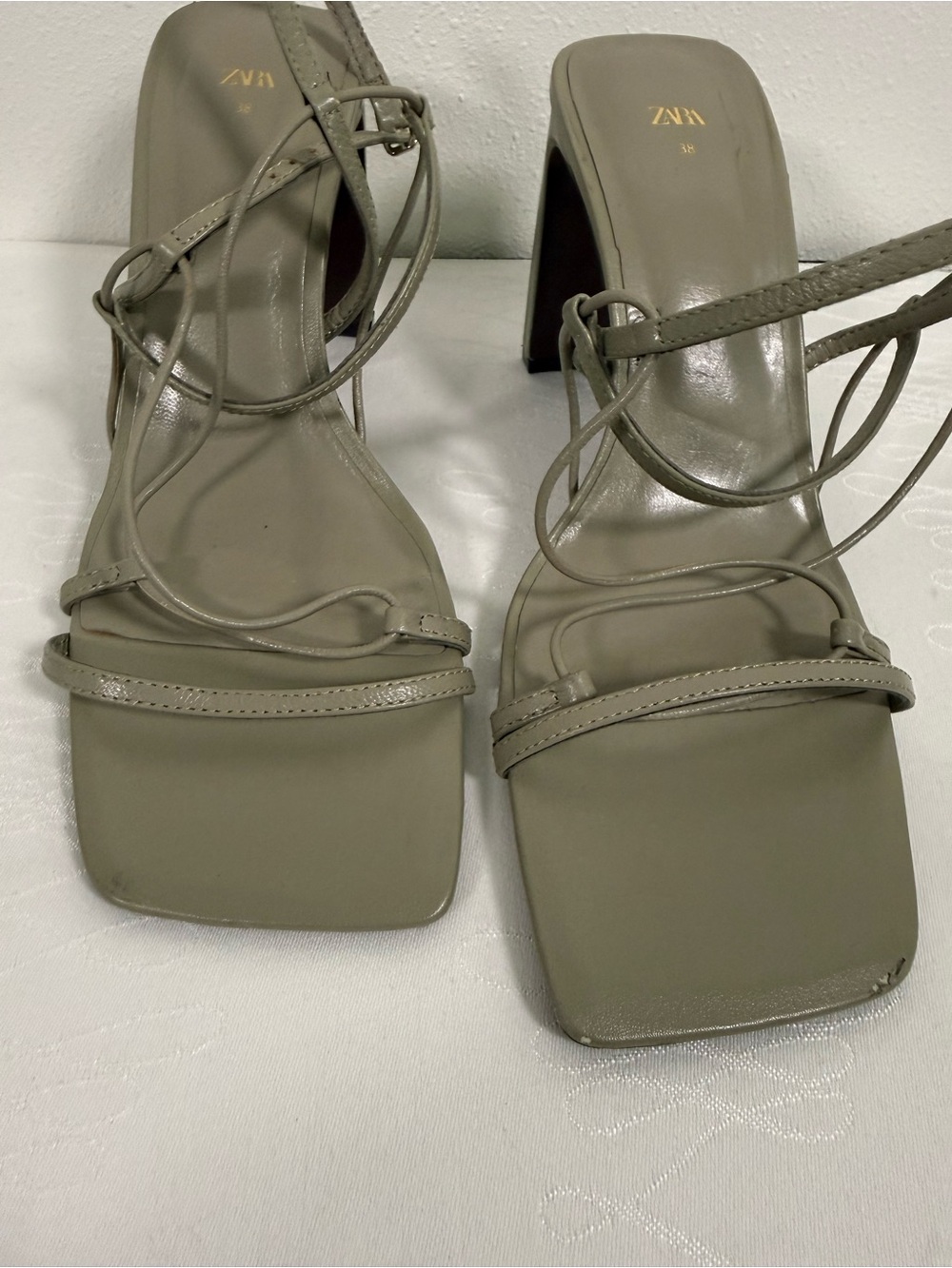Zara Strappy Block Heel Sandals Sage Taupe Square Toe Ankle Strap EU 38 - Picture 7 of 11